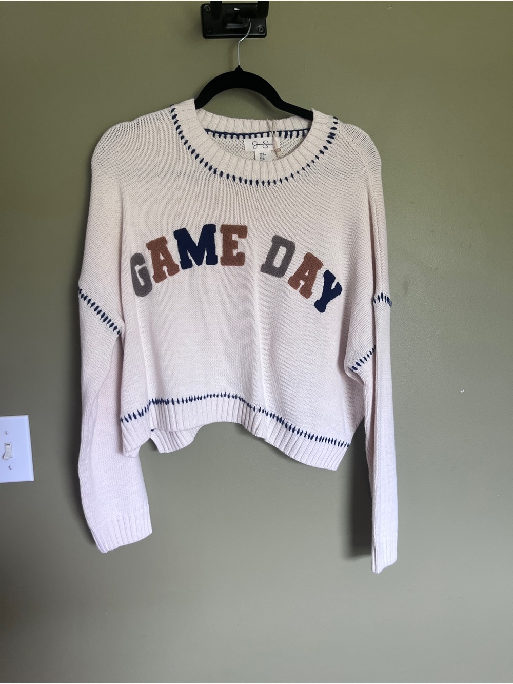 Jessica Simpson Cream Knit Sweater with Navy and Brown Lettering